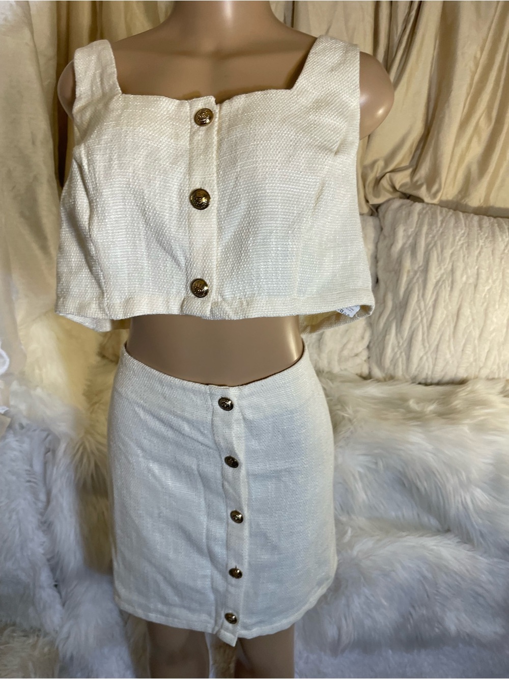 SHEIN linen Material Cream Button-Front Mini Skirt & sweater w/ Diamonds Set 2x
